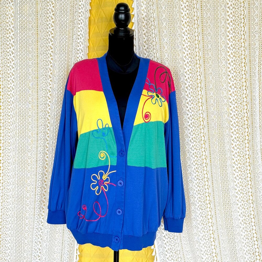 Vintage 90s Y2K Floral Embroidered Colorblock Oversized Long Cardigan Size L